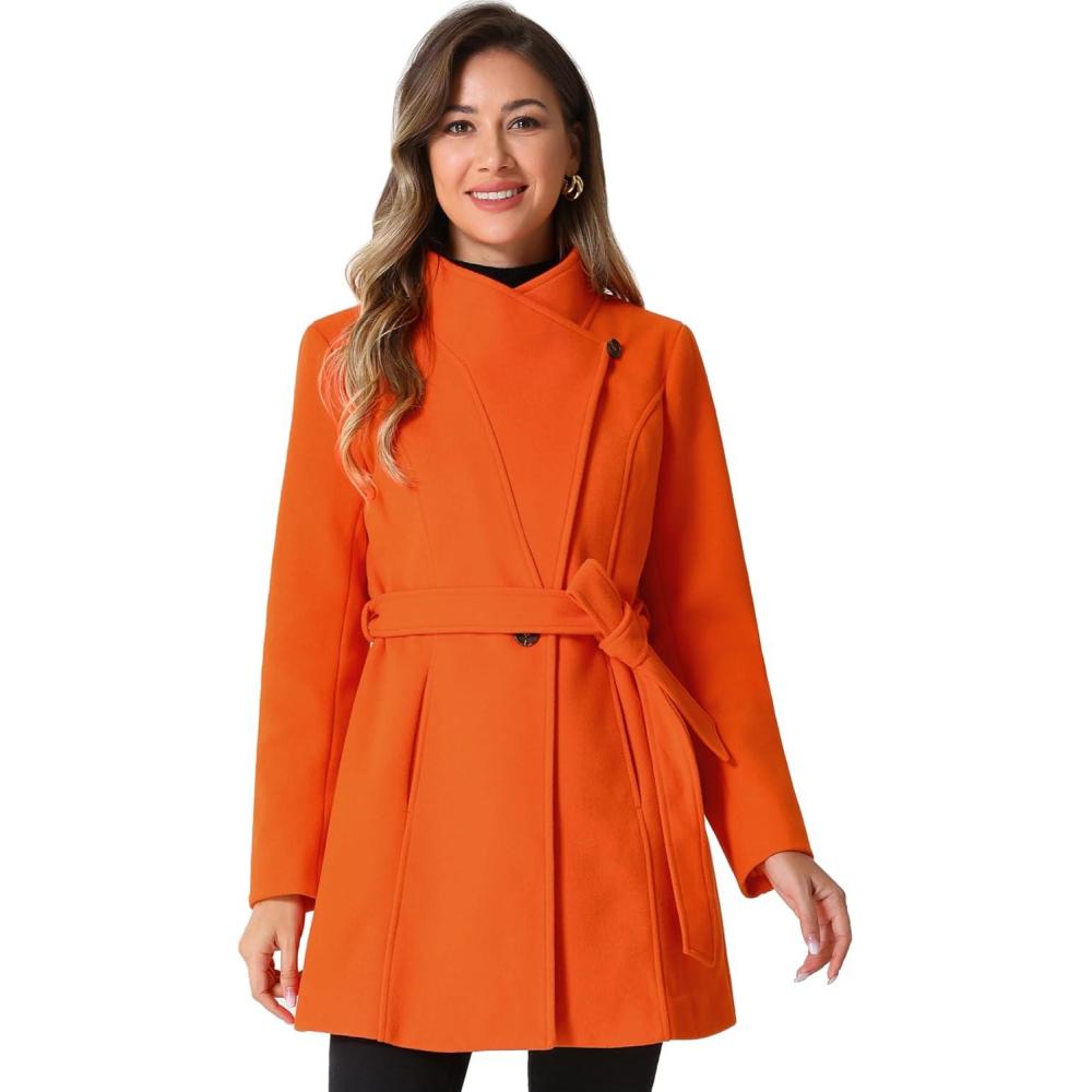 imageAllegra K Womens Classic Stand Collar Outwear Overcoat Long Sleeve Winter Belted Pea CoatOrange