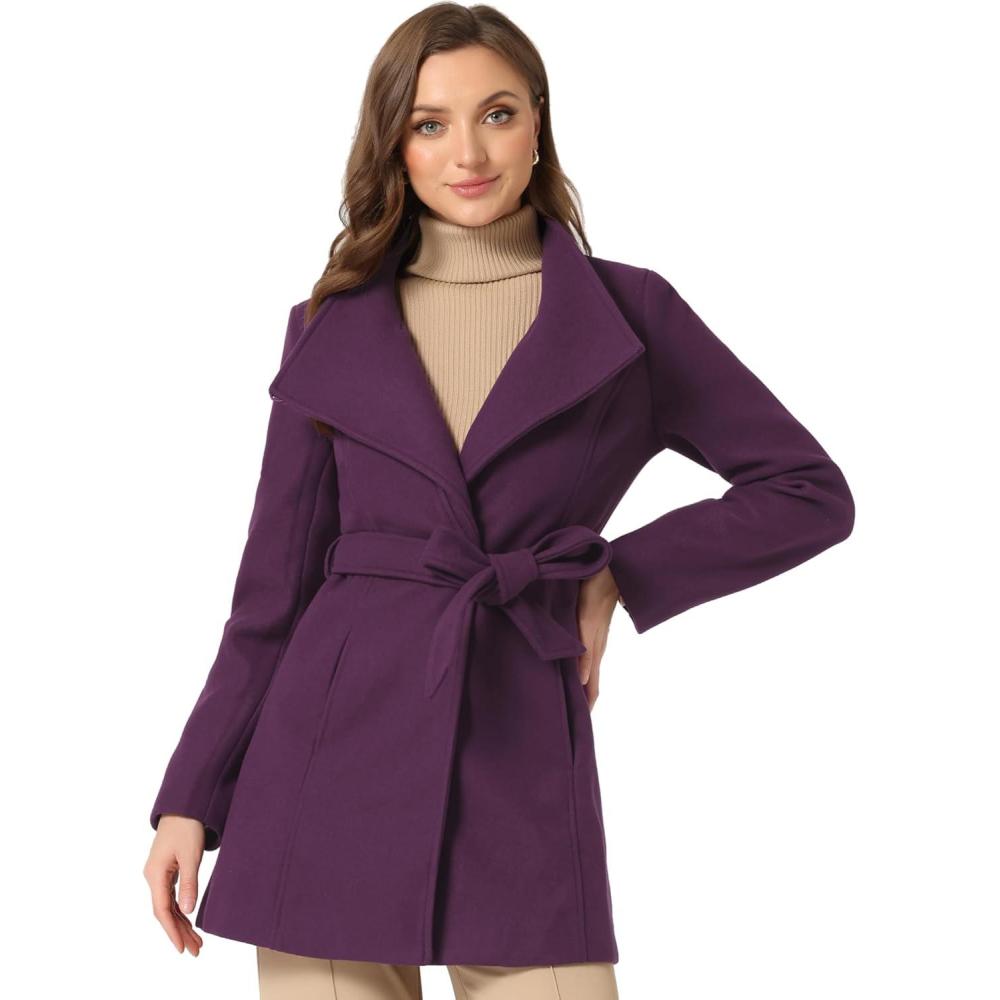 imageAllegra K Womens Classic Stand Collar Outwear Overcoat Long Sleeve Winter Belted Pea CoatPurple