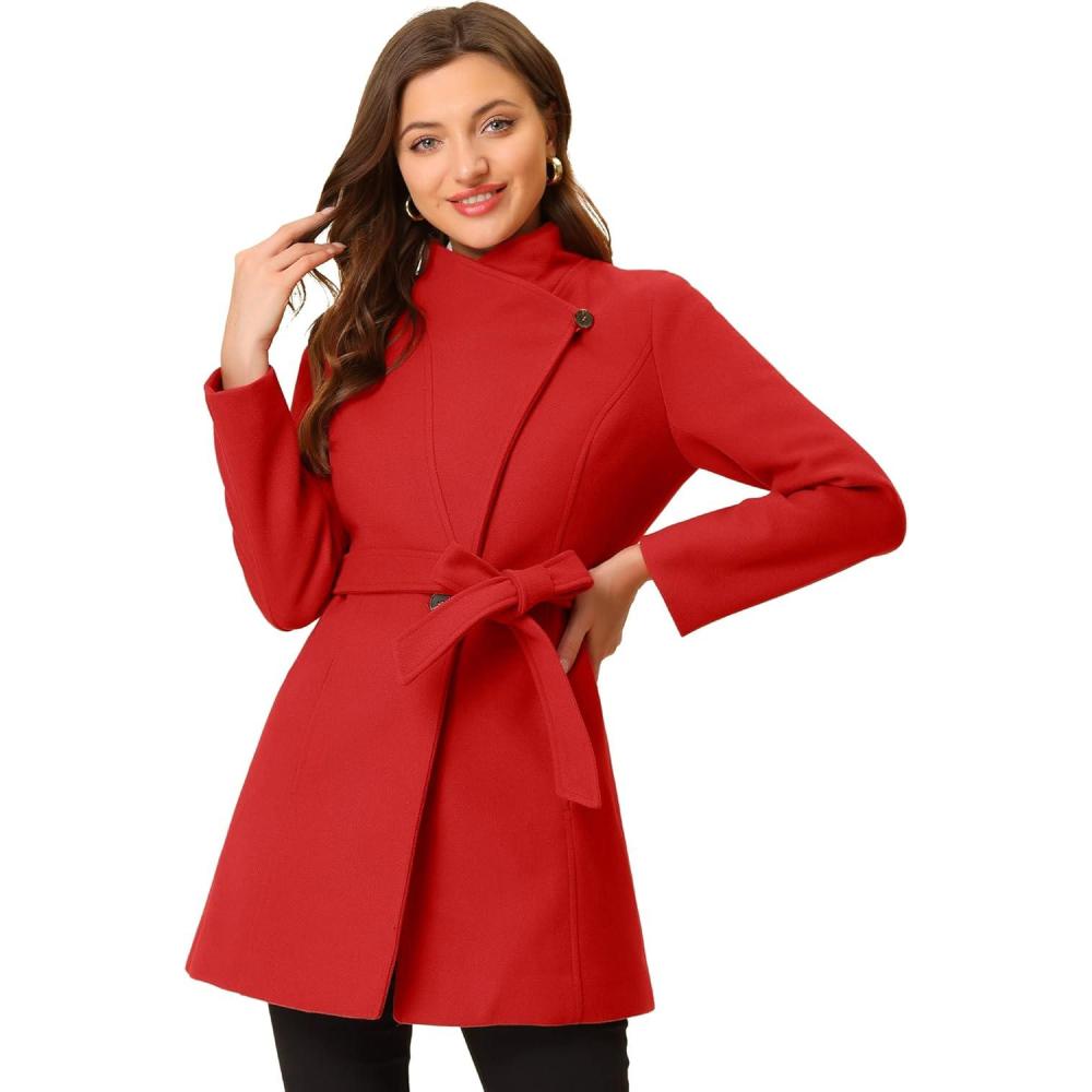 imageAllegra K Womens Classic Stand Collar Outwear Overcoat Long Sleeve Winter Belted Pea CoatRed