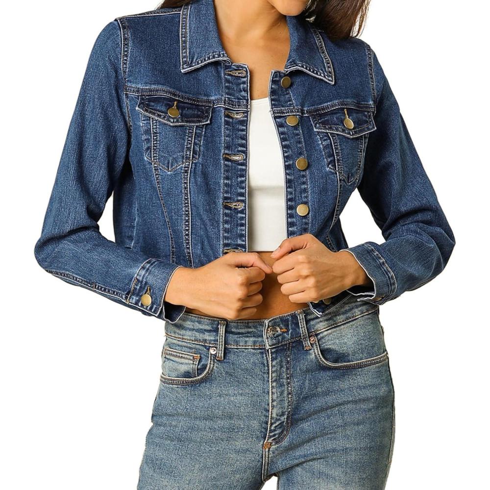 imageAllegra K Womens Denim Jackets 2025 Casual Button Down Long Sleeves Crop Jean JacketDark Blue
