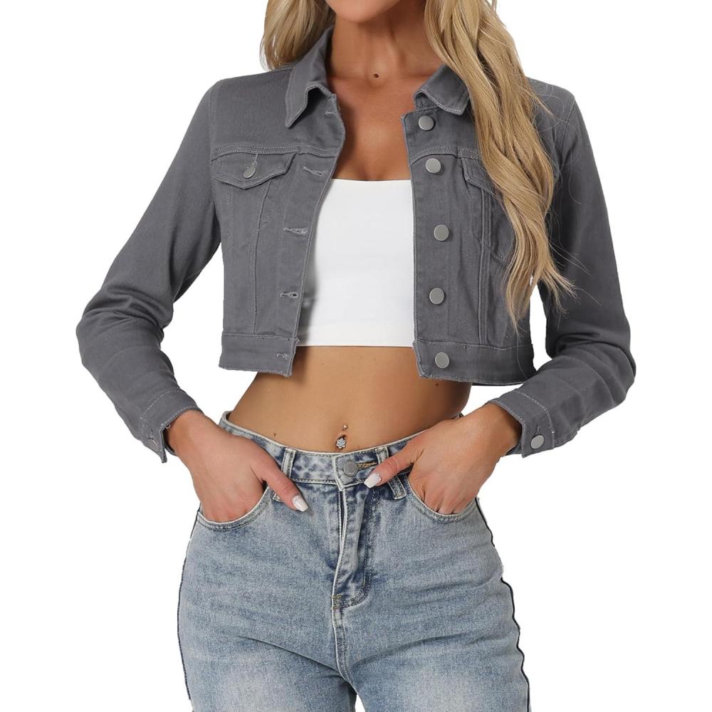 imageAllegra K Womens Denim Jackets 2025 Casual Button Down Long Sleeves Crop Jean JacketGrey