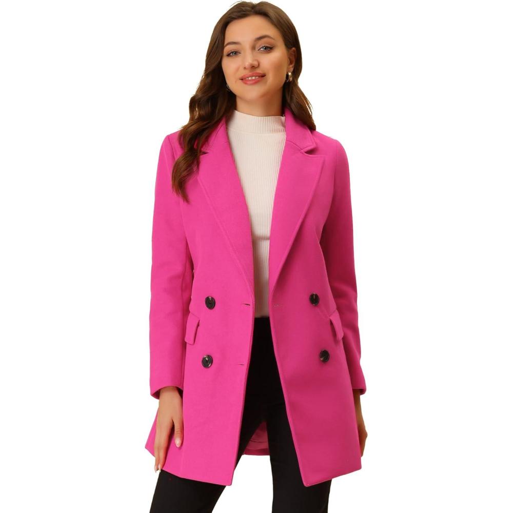 imageAllegra K Womens Notch Lapel Double Breasted Belted Mid Long Outwear Winter CoatRose Red