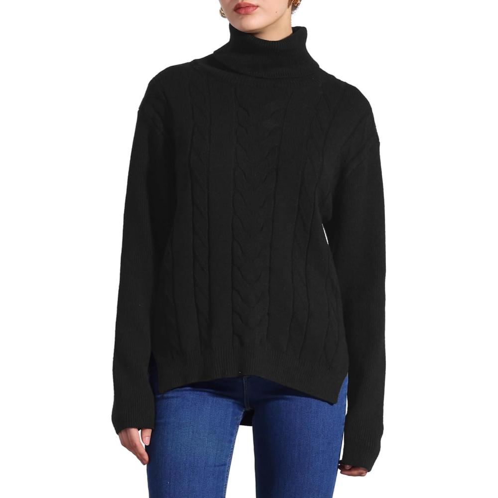 imageAllegra K Womens Oversized Sweaters Turtleneck Spilt Hem Cable Knit Pullover TopsBlack