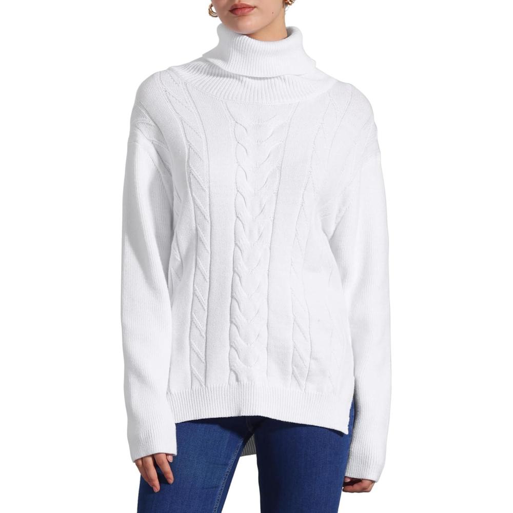 imageAllegra K Womens Oversized Sweaters Turtleneck Spilt Hem Cable Knit Pullover TopsWhite