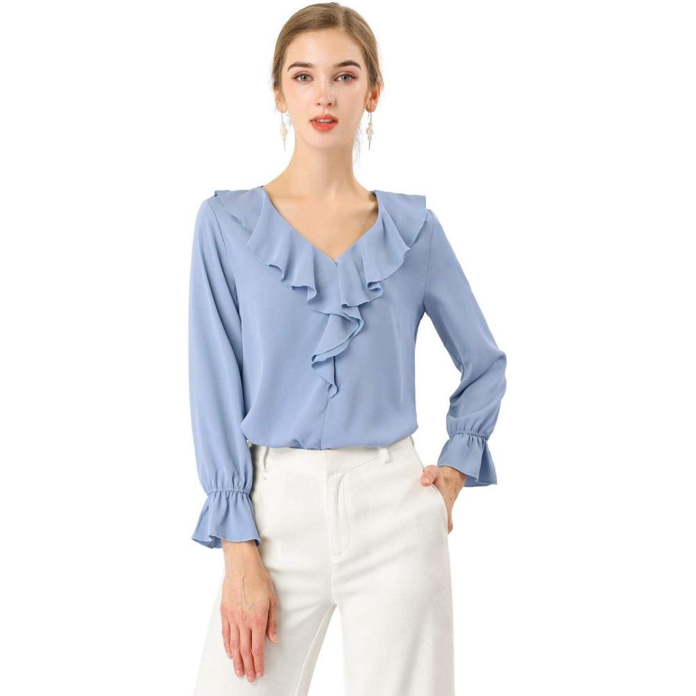 imageAllegra K Womens Ruffle Blouse for Business Work Elegant V Neck Long Sleeve Casual Dressy TopBaby Blue