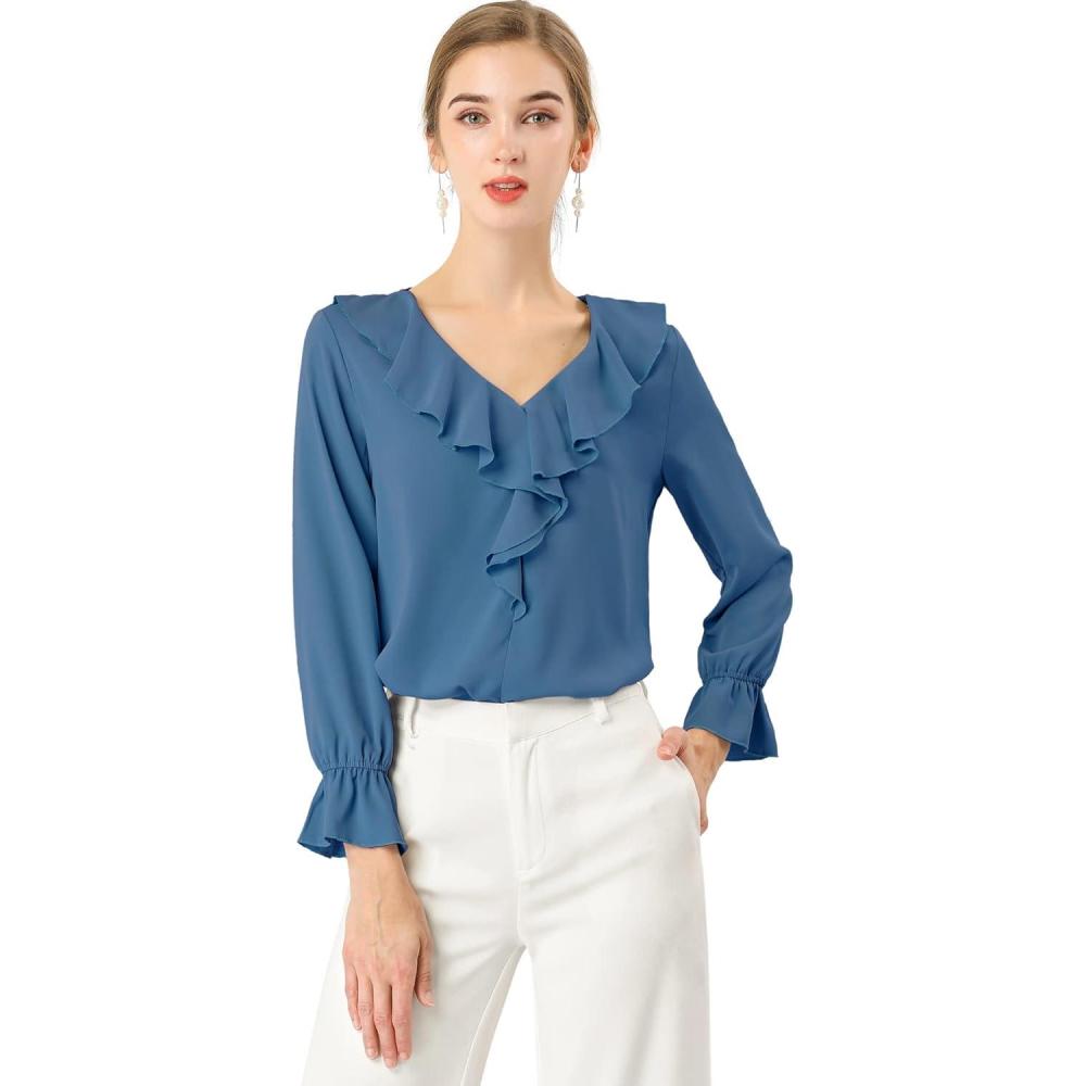 imageAllegra K Womens Ruffle Blouse for Business Work Elegant V Neck Long Sleeve Casual Dressy TopDusty Blue