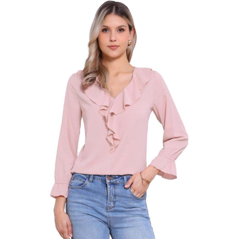 imageAllegra K Womens Ruffle Blouse for Business Work Elegant V Neck Long Sleeve Casual Dressy TopPink