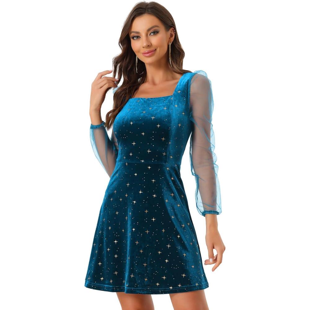 imageAllegra K Womens Sparkly Glitter Velvet Mesh Sheer Sleeve Star Metallic DressDark Blue