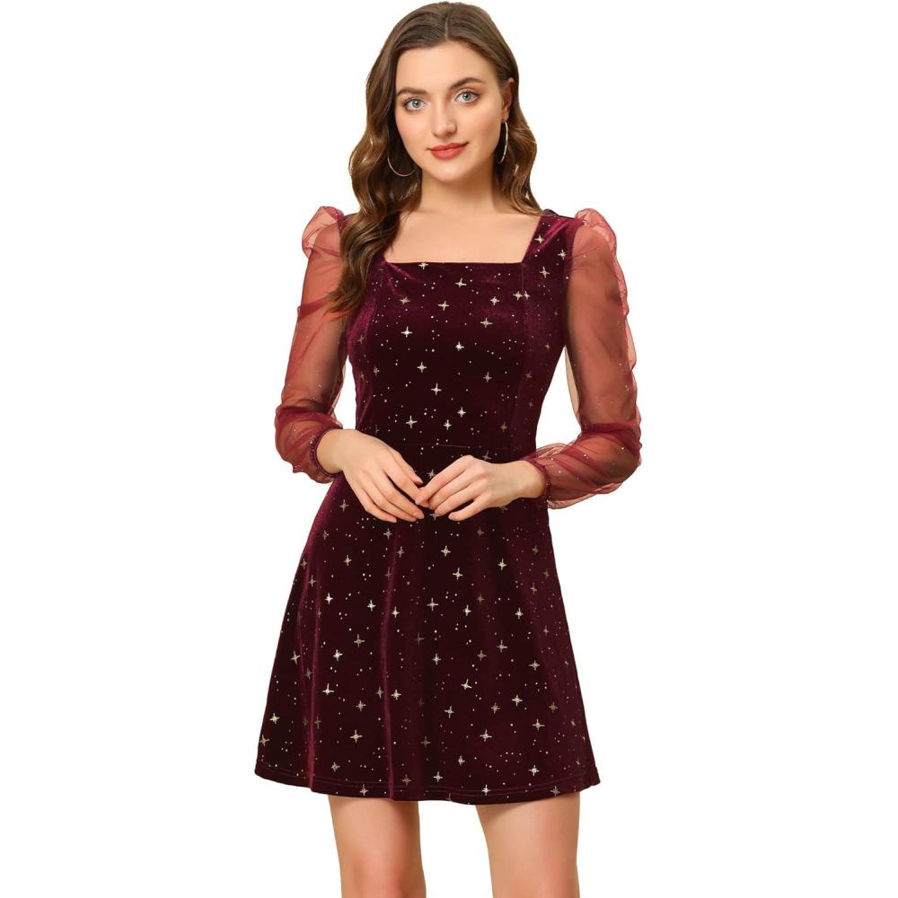 imageAllegra K Womens Sparkly Glitter Velvet Mesh Sheer Sleeve Star Metallic DressRed