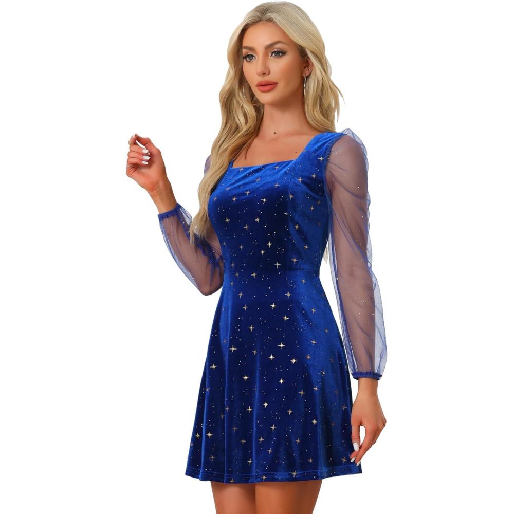 imageAllegra K Womens Sparkly Glitter Velvet Mesh Sheer Sleeve Star Metallic DressRoyal Blue