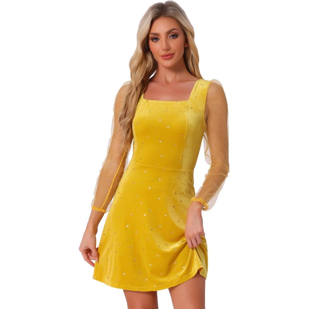 imageAllegra K Womens Sparkly Glitter Velvet Mesh Sheer Sleeve Star Metallic DressYellow