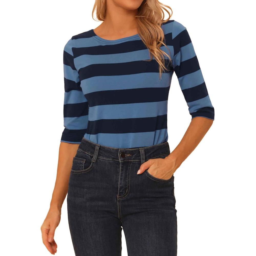 imageAllegra K Womens Striped Top Round Neck Tops Casual Long Sleeve ShirtBlue Dark Blue
