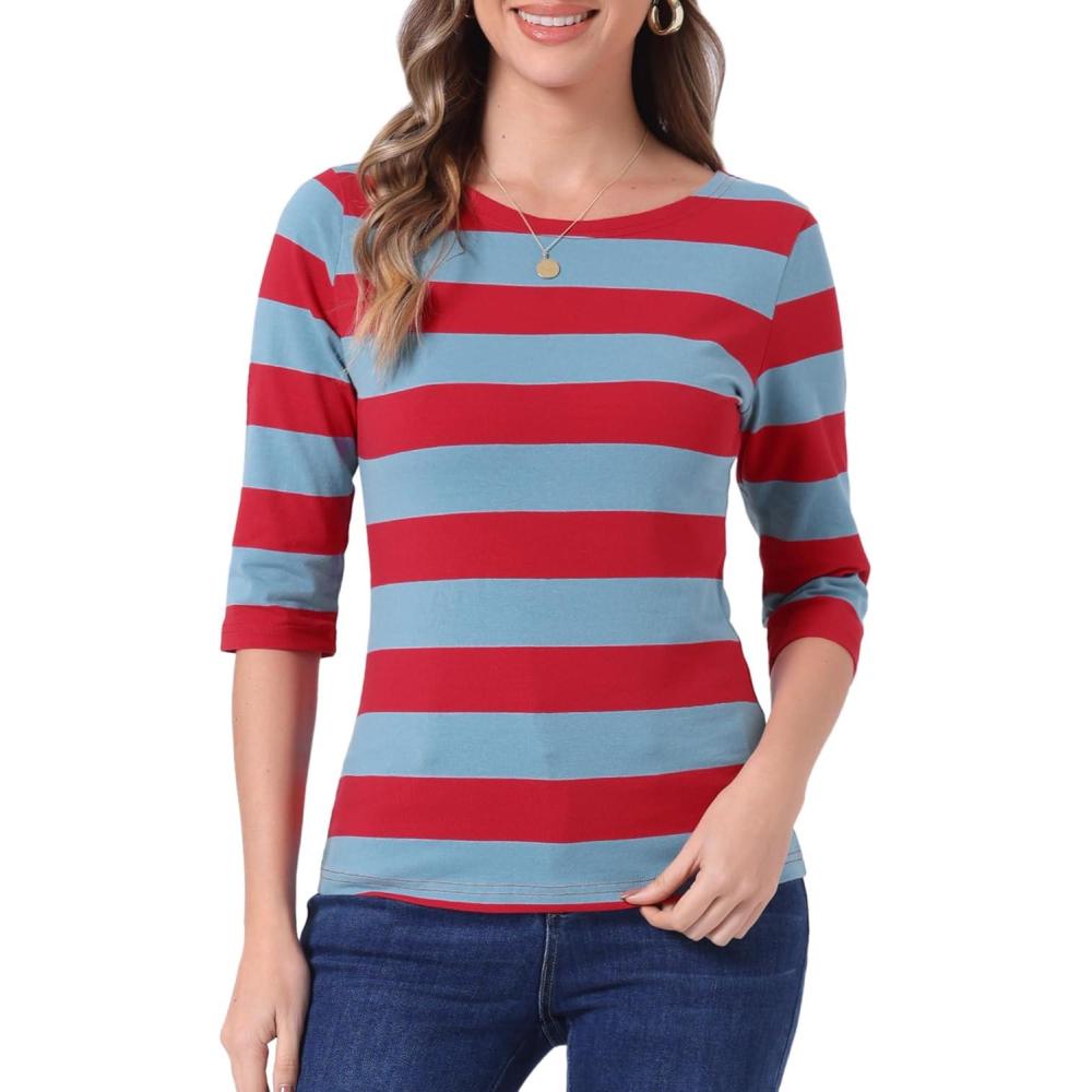 imageAllegra K Womens Striped Top Round Neck Tops Casual Long Sleeve ShirtBlue Red