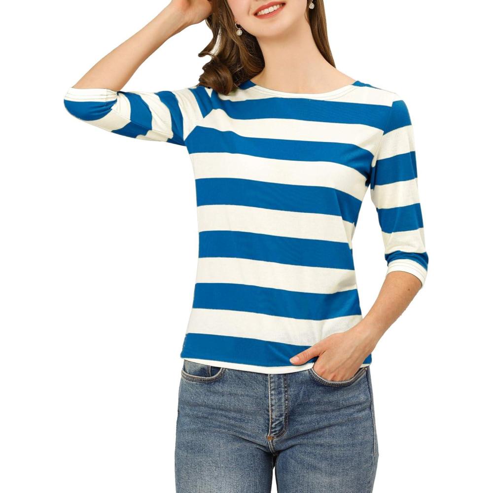 imageAllegra K Womens Striped Top Round Neck Tops Casual Long Sleeve ShirtBlue White