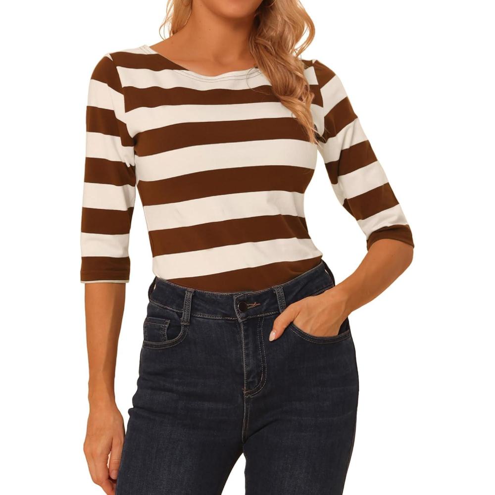 imageAllegra K Womens Striped Top Round Neck Tops Casual Long Sleeve ShirtBrown