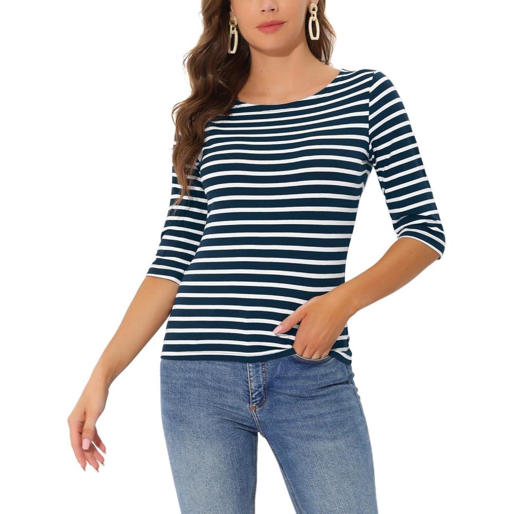imageAllegra K Womens Striped Top Round Neck Tops Casual Long Sleeve ShirtDark Blue