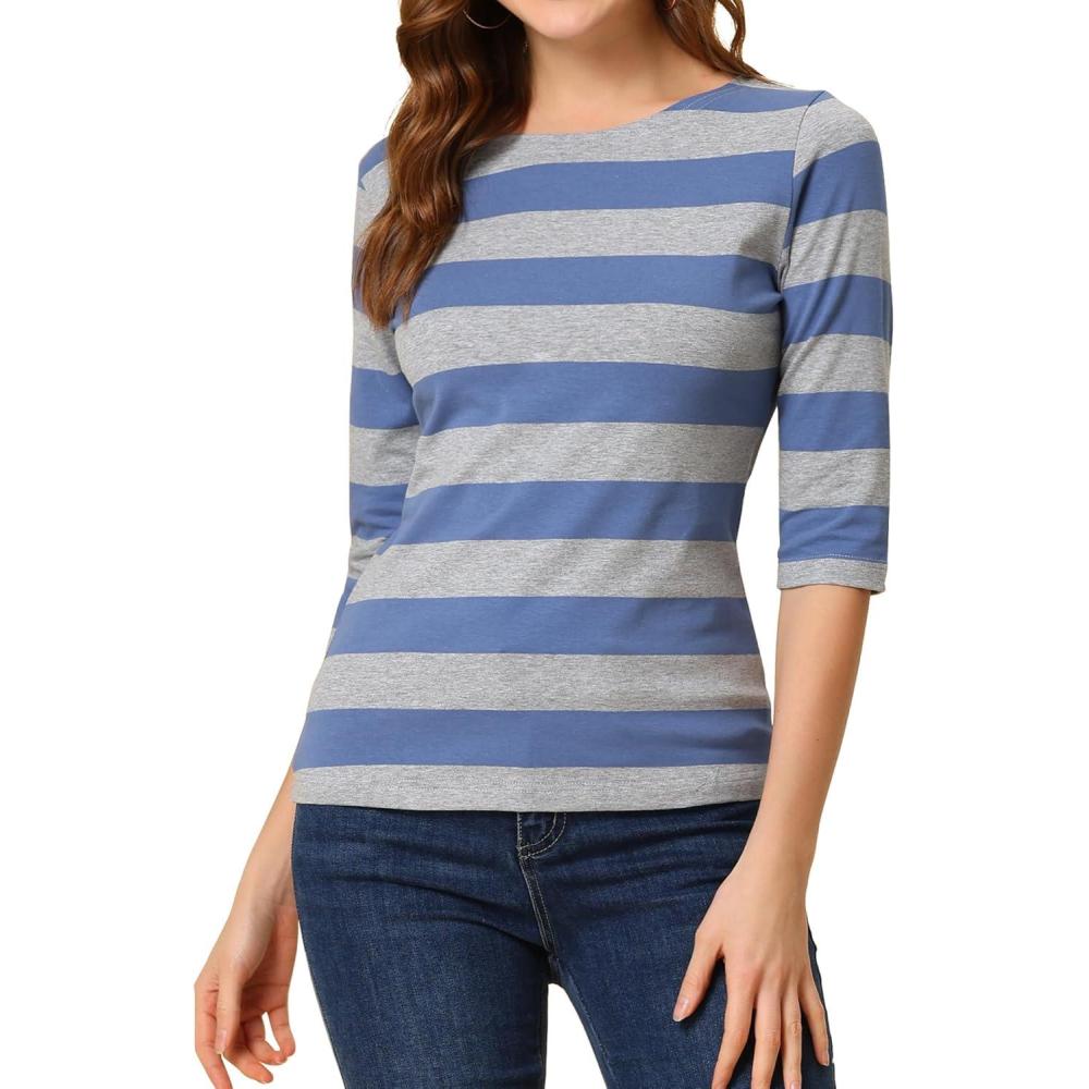 imageAllegra K Womens Striped Top Round Neck Tops Casual Long Sleeve ShirtGray Blue