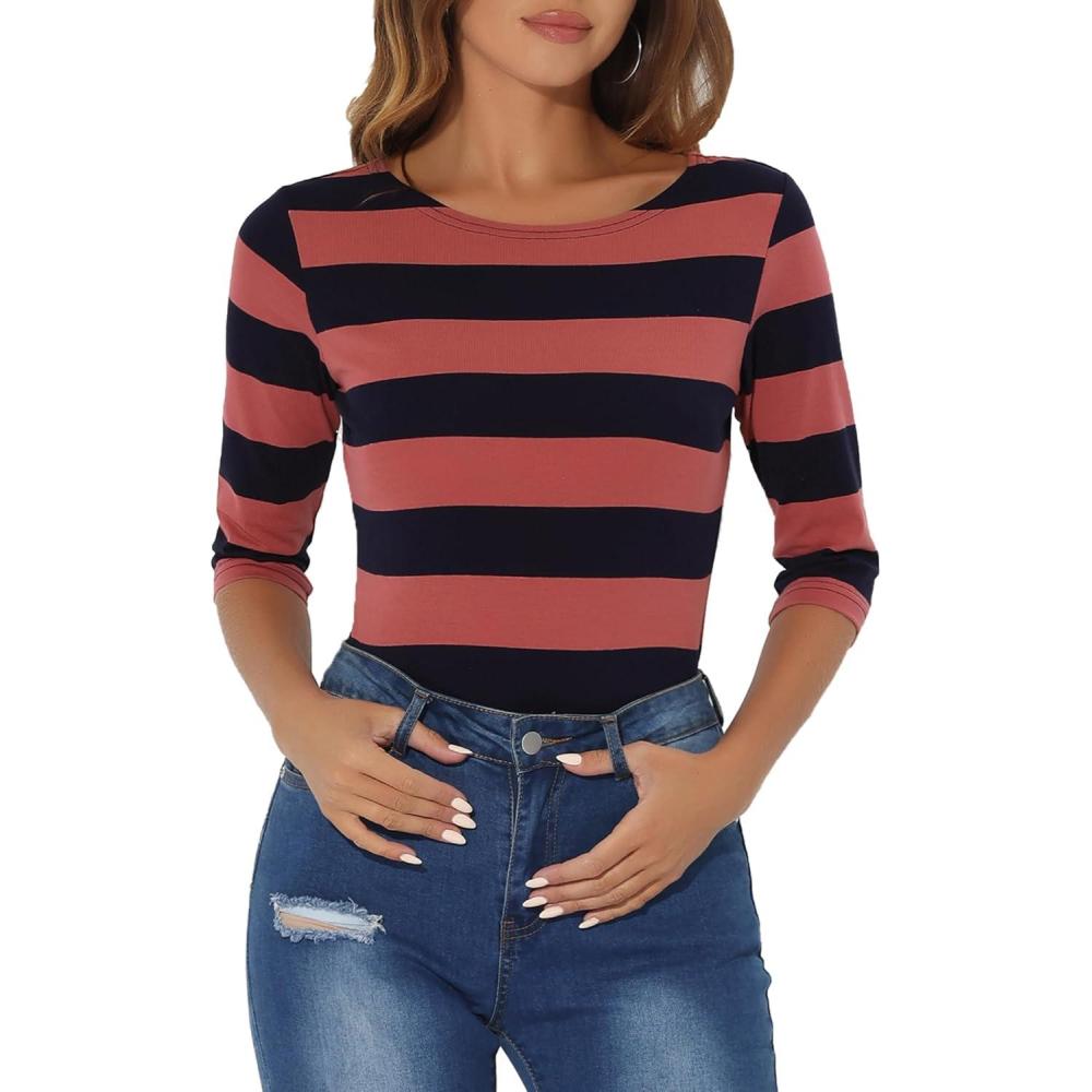 imageAllegra K Womens Striped Top Round Neck Tops Casual Long Sleeve ShirtHot Pink Navy