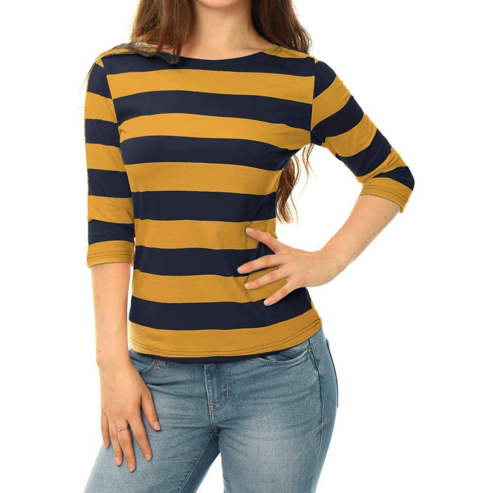 imageAllegra K Womens Striped Top Round Neck Tops Casual Long Sleeve ShirtMustard Navy