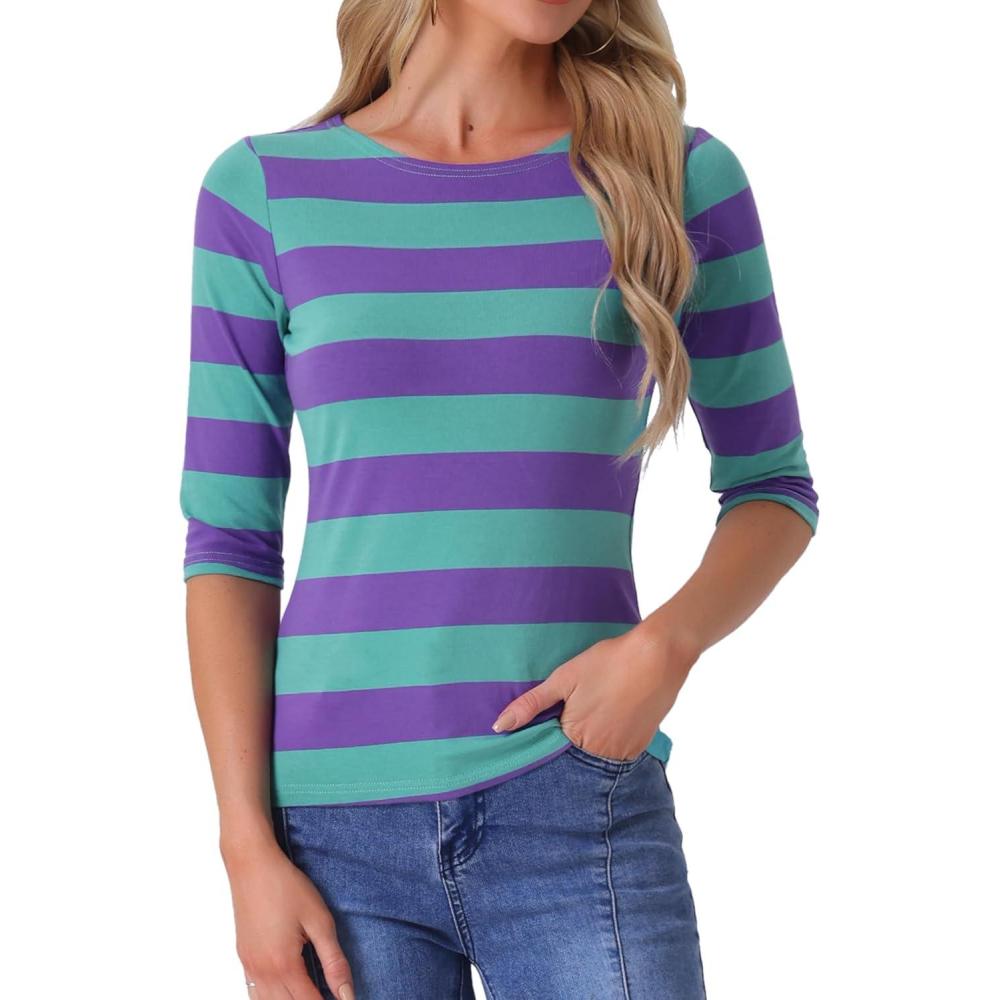 imageAllegra K Womens Striped Top Round Neck Tops Casual Long Sleeve ShirtPurple Green