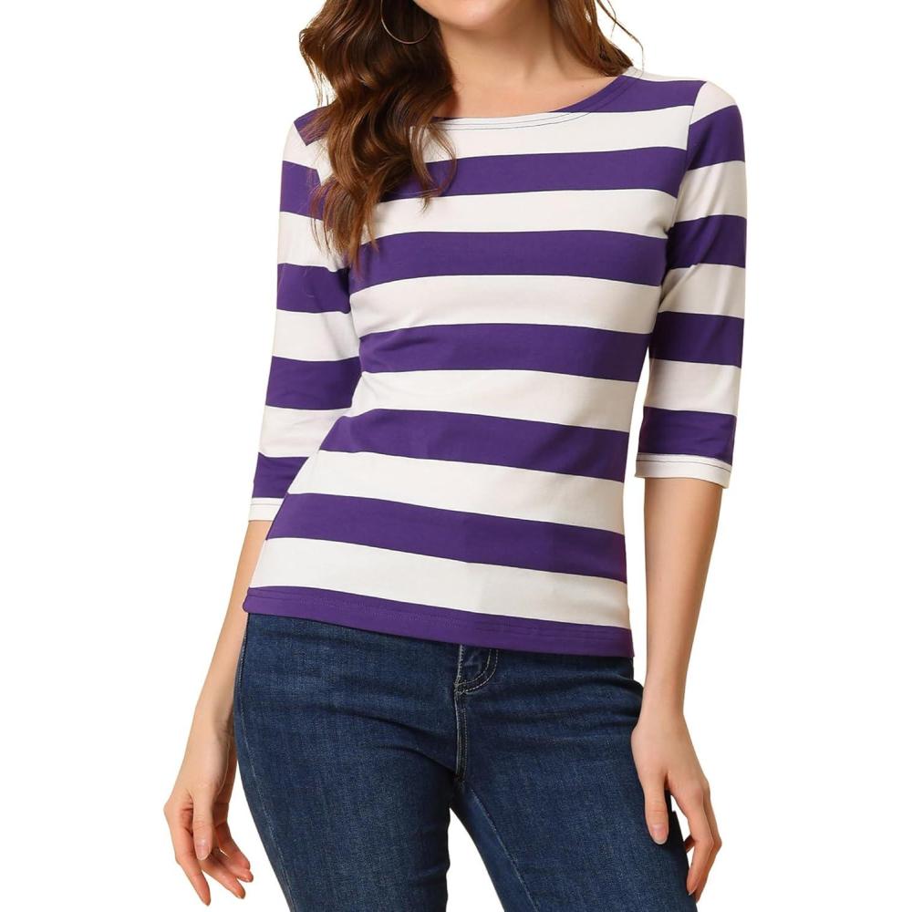 imageAllegra K Womens Striped Top Round Neck Tops Casual Long Sleeve ShirtPurple White