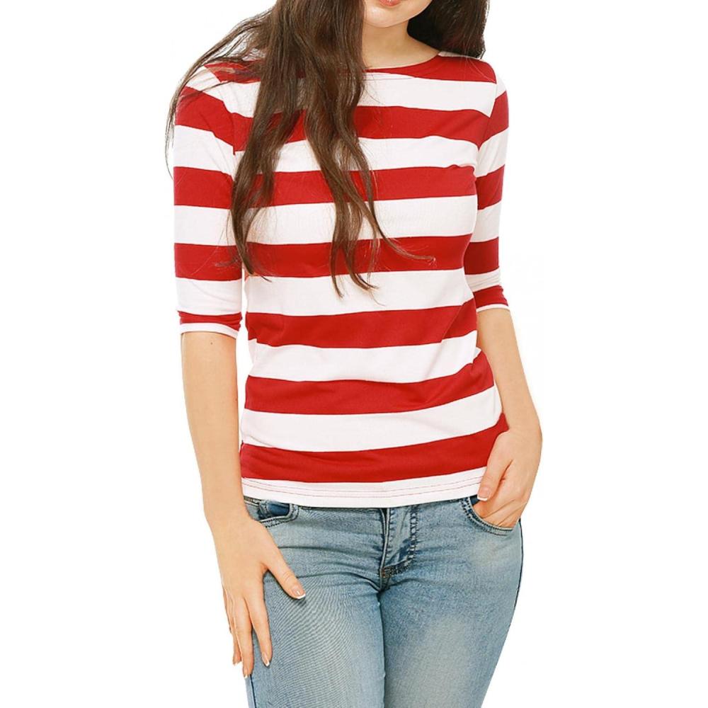 imageAllegra K Womens Striped Top Round Neck Tops Casual Long Sleeve ShirtRed