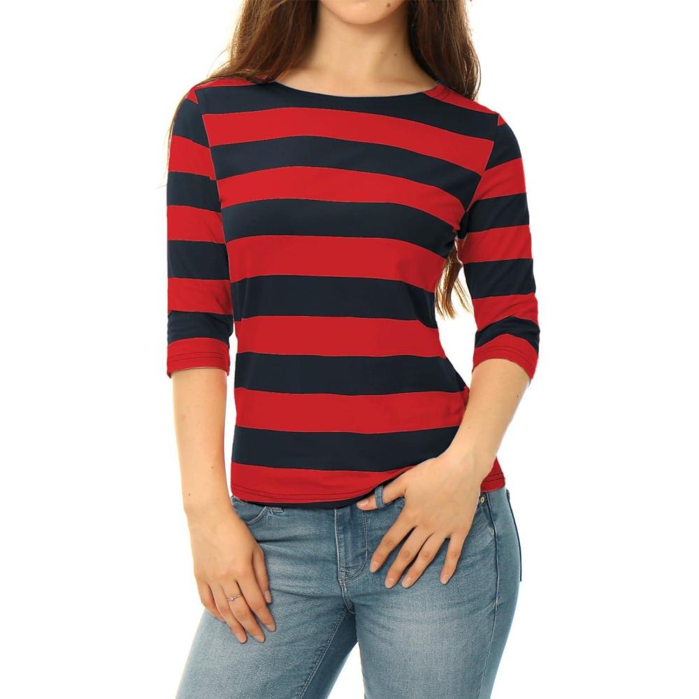 imageAllegra K Womens Striped Top Round Neck Tops Casual Long Sleeve ShirtRed Blue