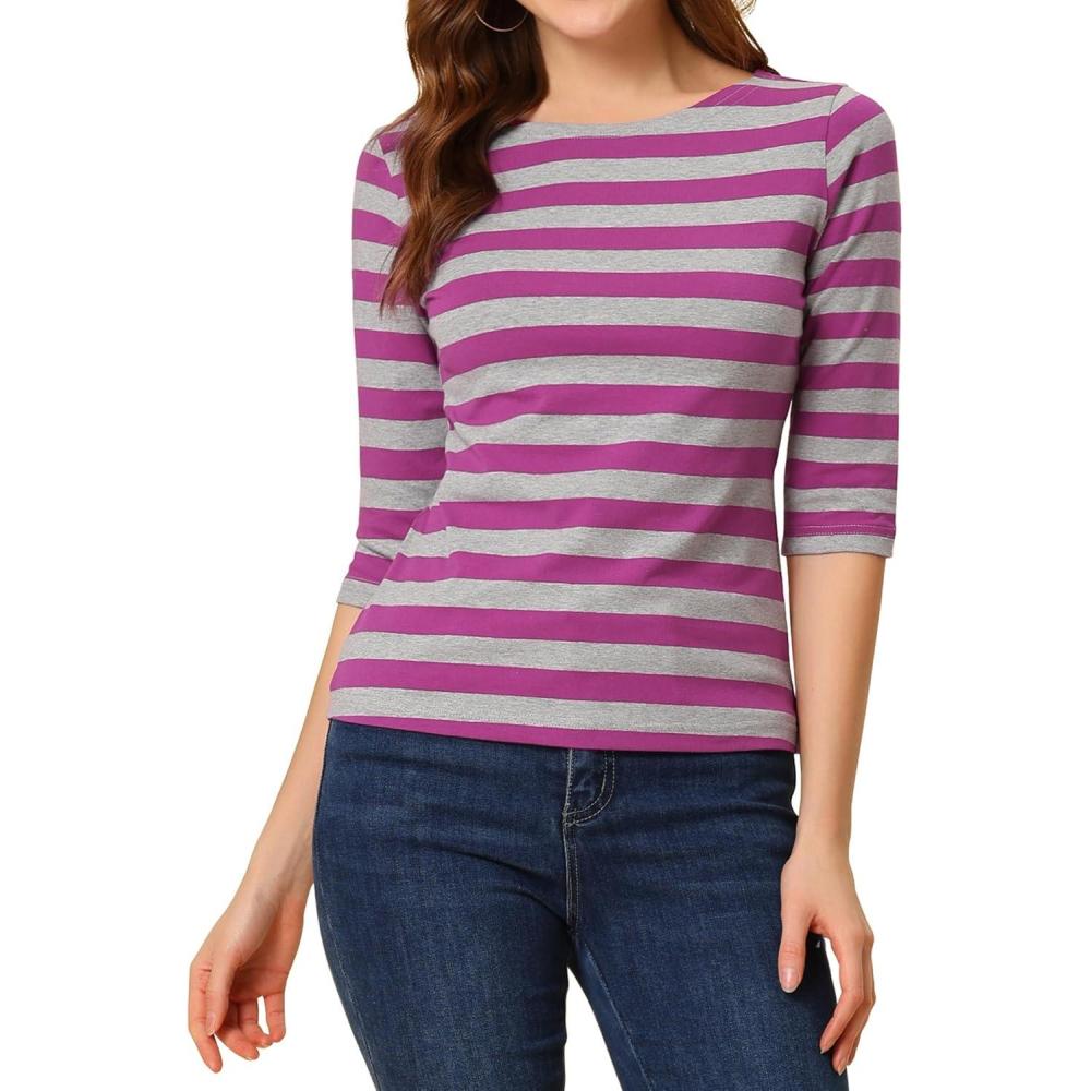 imageAllegra K Womens Striped Top Round Neck Tops Casual Long Sleeve ShirtRose Red