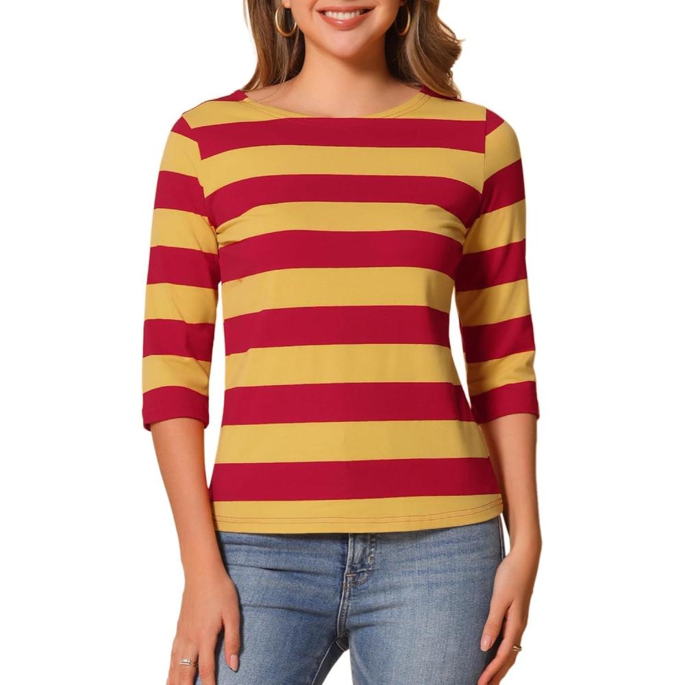 imageAllegra K Womens Striped Top Round Neck Tops Casual Long Sleeve ShirtYellow Red