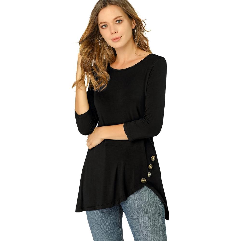 imageAllegra K Womens Tunic Tops Loose Fit Dressy High Low Round Neck 2025 Fall 34 Sleeve Long ShirtBlack