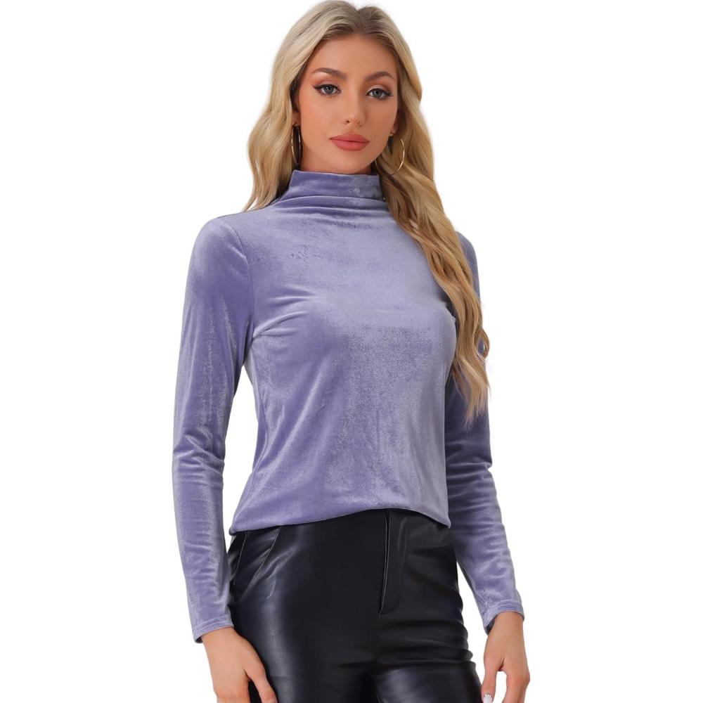 imageAllegra K Womens Turtleneck Velvet Top Long Sleeve Work Shirts Basic Velour BlouseBlue Purple