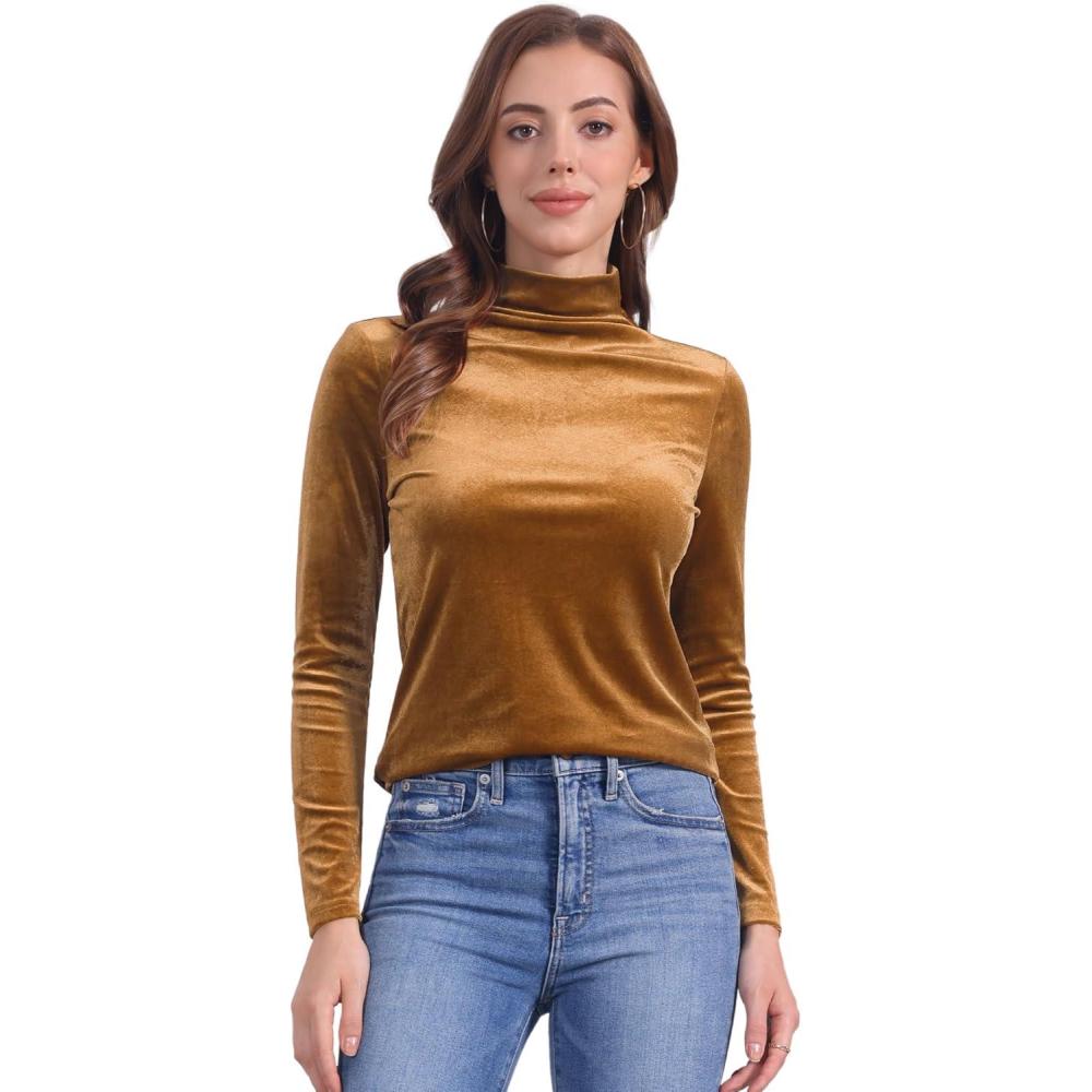 imageAllegra K Womens Turtleneck Velvet Top Long Sleeve Work Shirts Basic Velour BlouseBrown