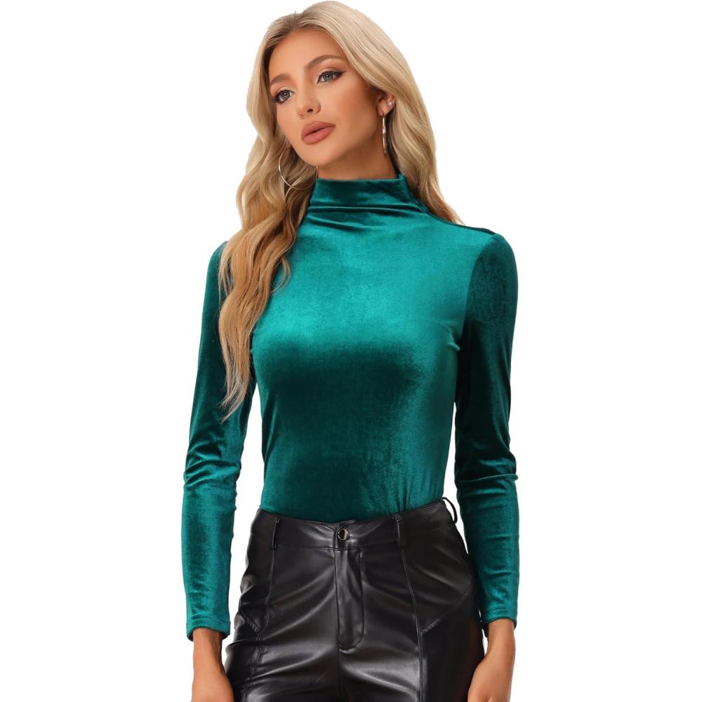 imageAllegra K Womens Turtleneck Velvet Top Long Sleeve Work Shirts Basic Velour BlouseGreen