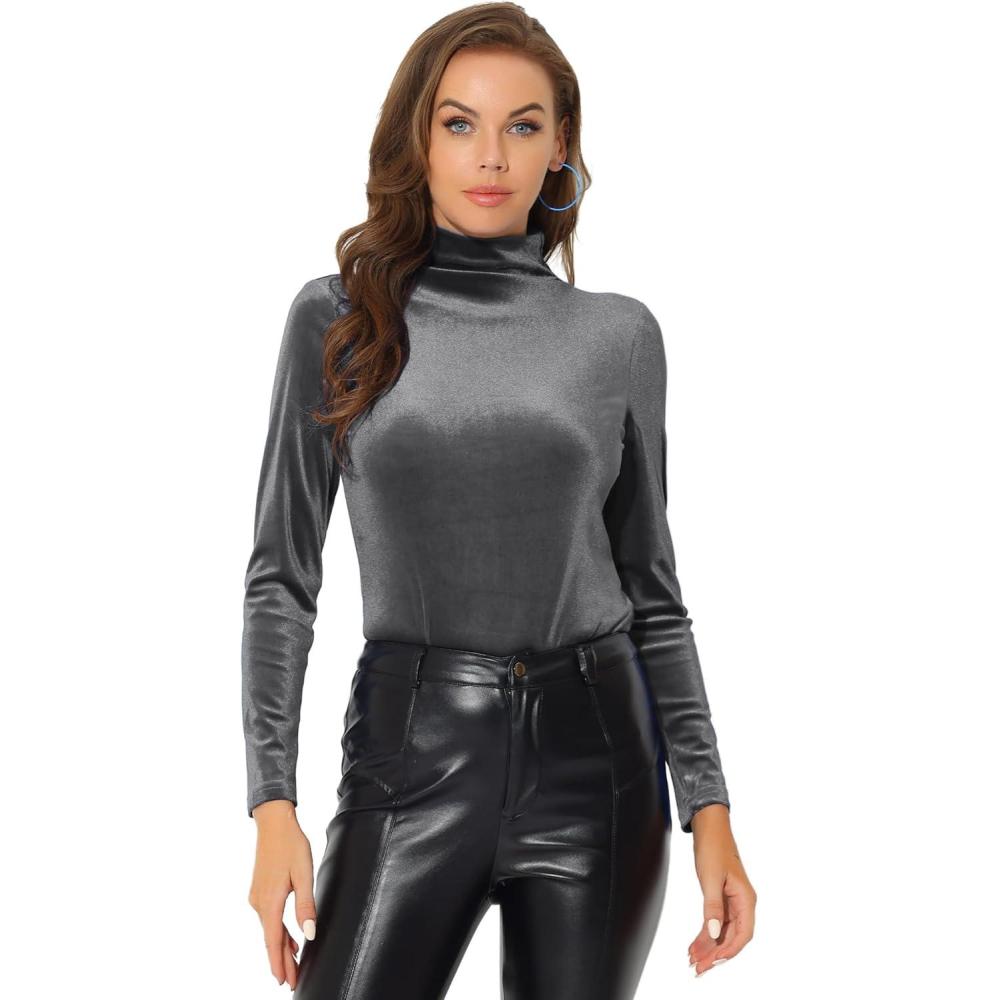 imageAllegra K Womens Turtleneck Velvet Top Long Sleeve Work Shirts Basic Velour BlouseGrey