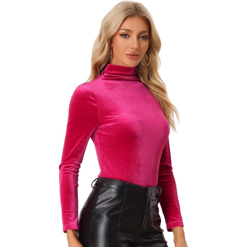imageAllegra K Womens Turtleneck Velvet Top Long Sleeve Work Shirts Basic Velour BlouseHot Pink