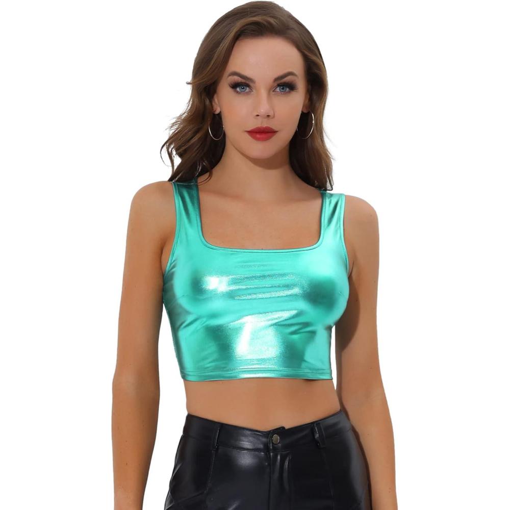 imageAllegra K Womens U Neck Sleeveless Halloween Party Clubwear Holographic Shiny Metallic Crop TopBlue Green