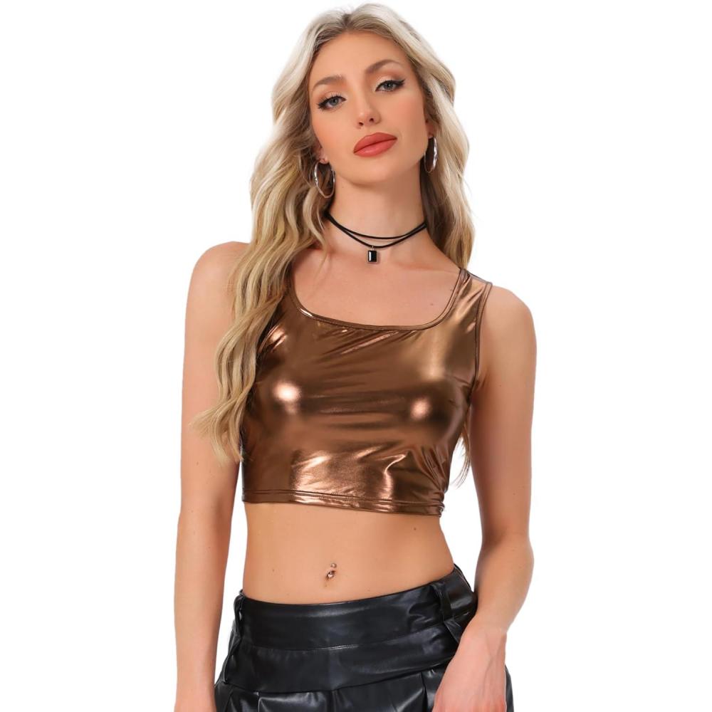 imageAllegra K Womens U Neck Sleeveless Halloween Party Clubwear Holographic Shiny Metallic Crop TopDark Brown