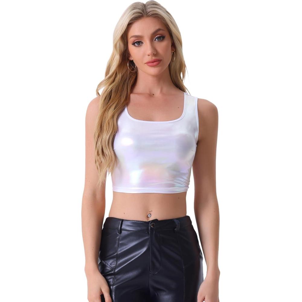 imageAllegra K Womens U Neck Sleeveless Halloween Party Clubwear Holographic Shiny Metallic Crop TopHolographic White