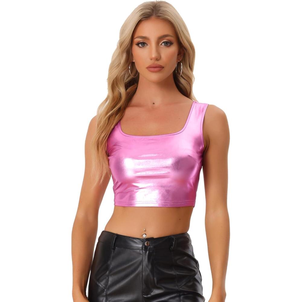 imageAllegra K Womens U Neck Sleeveless Halloween Party Clubwear Holographic Shiny Metallic Crop TopPink