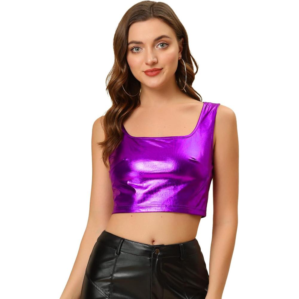 imageAllegra K Womens U Neck Sleeveless Halloween Party Clubwear Holographic Shiny Metallic Crop TopPurple