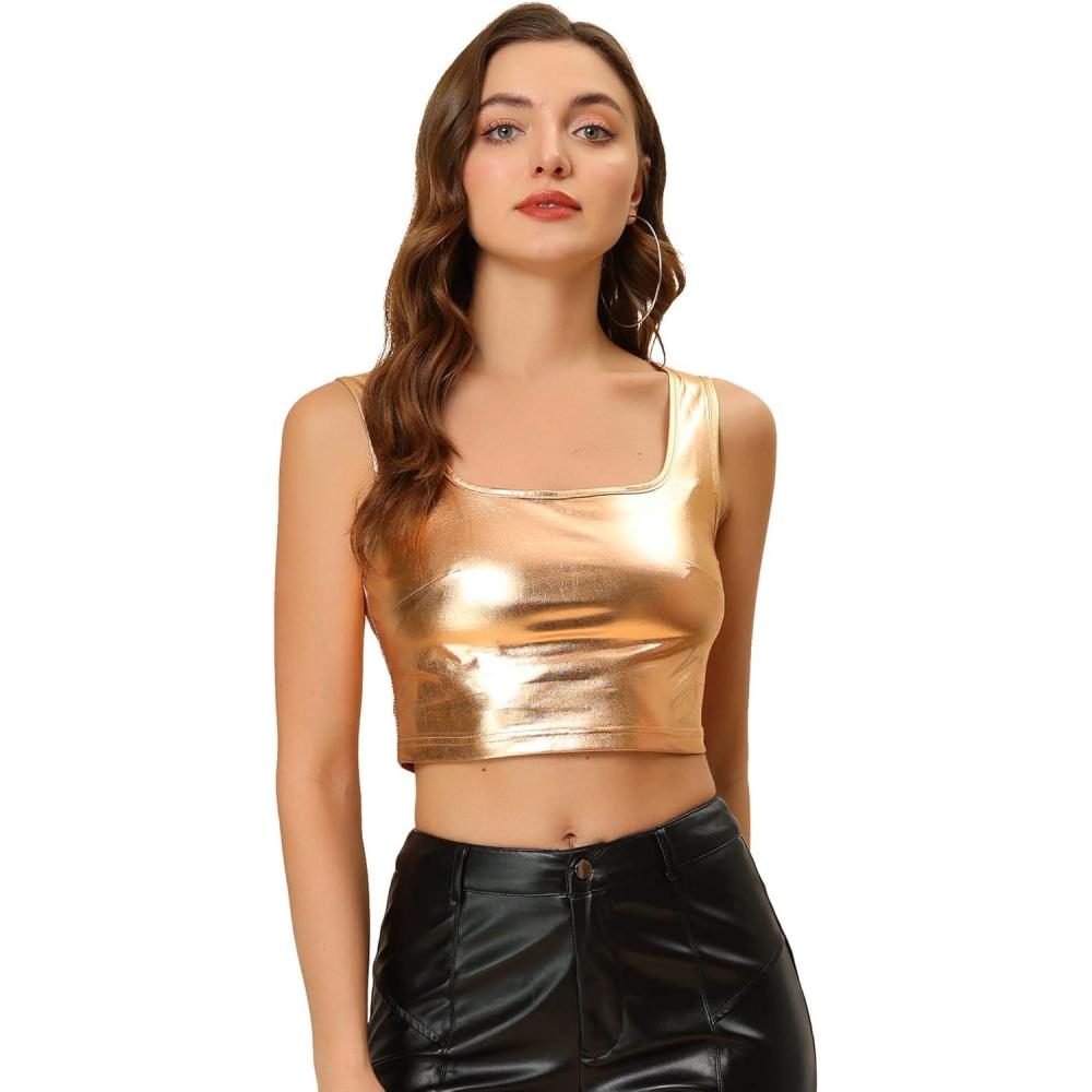 imageAllegra K Womens U Neck Sleeveless Halloween Party Clubwear Holographic Shiny Metallic Crop TopRose Gold