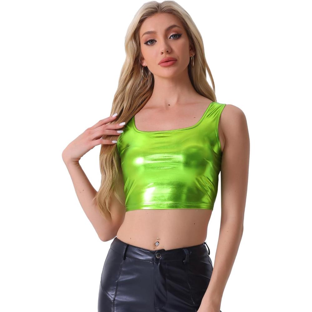 imageAllegra K Womens U Neck Sleeveless Halloween Party Clubwear Holographic Shiny Metallic Crop TopShiny Green