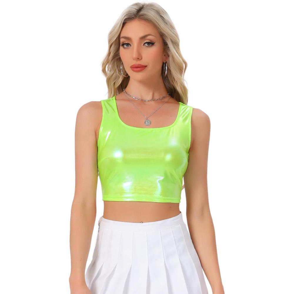 imageAllegra K Womens U Neck Sleeveless Halloween Party Clubwear Holographic Shiny Metallic Crop TopShiny Yellow