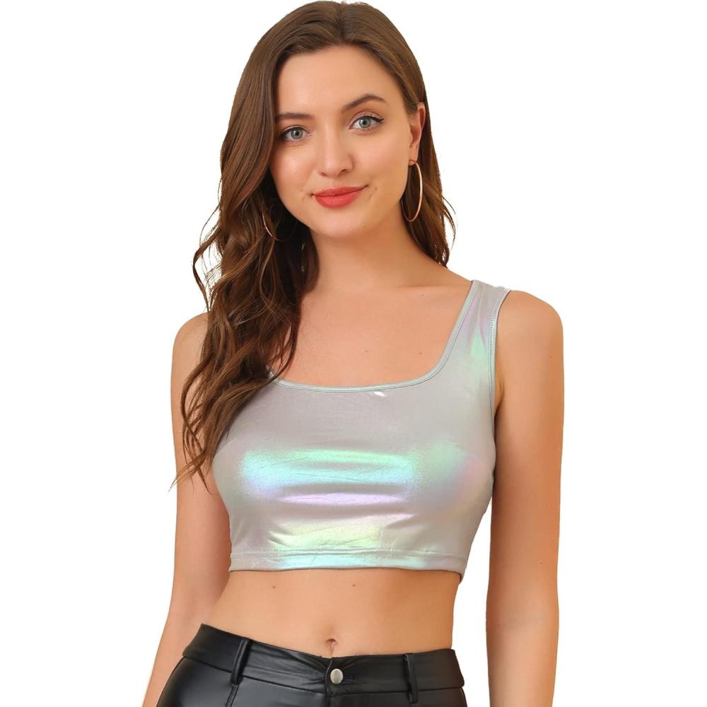 imageAllegra K Womens U Neck Sleeveless Halloween Party Clubwear Holographic Shiny Metallic Crop TopSilver Gray