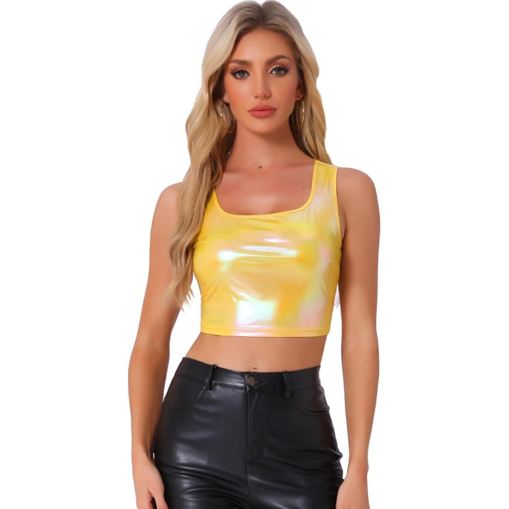 imageAllegra K Womens U Neck Sleeveless Halloween Party Clubwear Holographic Shiny Metallic Crop TopYellow