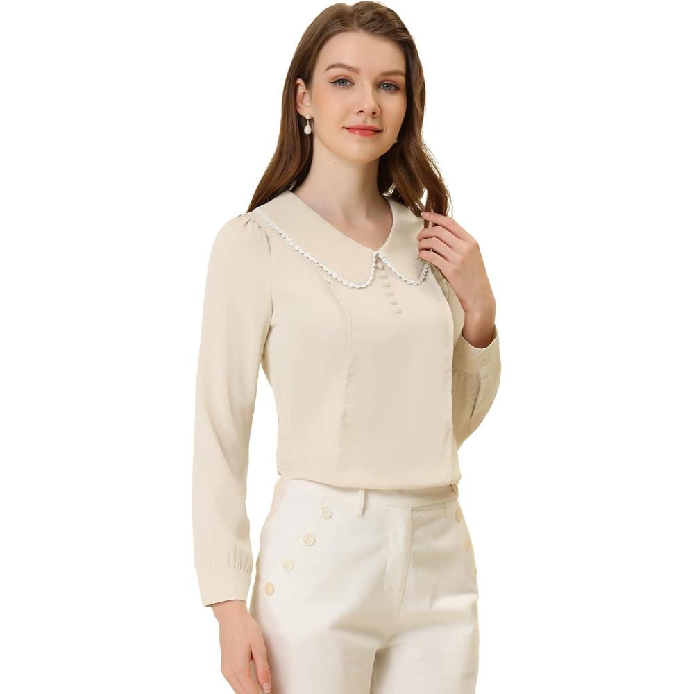imageAllegra K Womens Vintage Peter Pan Collar Shirt Cute Lacy Trim Long Sleeve BlouseApricot