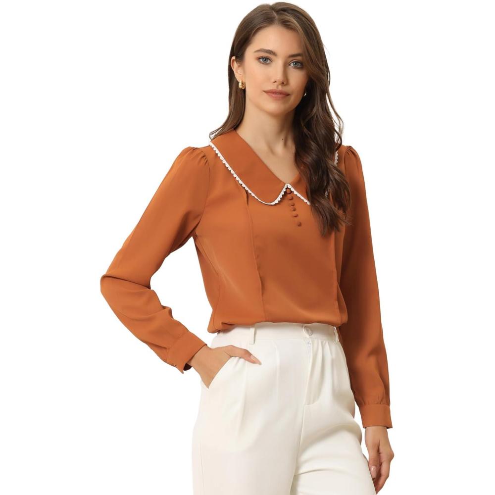 imageAllegra K Womens Vintage Peter Pan Collar Shirt Cute Lacy Trim Long Sleeve BlouseCaramel