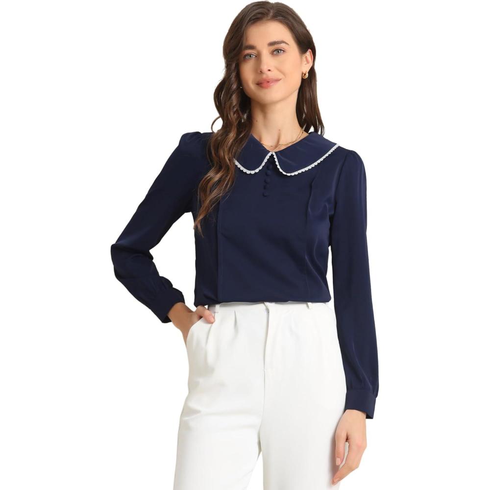 imageAllegra K Womens Vintage Peter Pan Collar Shirt Cute Lacy Trim Long Sleeve BlouseDark Blue