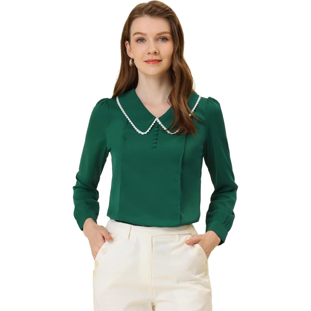 imageAllegra K Womens Vintage Peter Pan Collar Shirt Cute Lacy Trim Long Sleeve BlouseDark Green