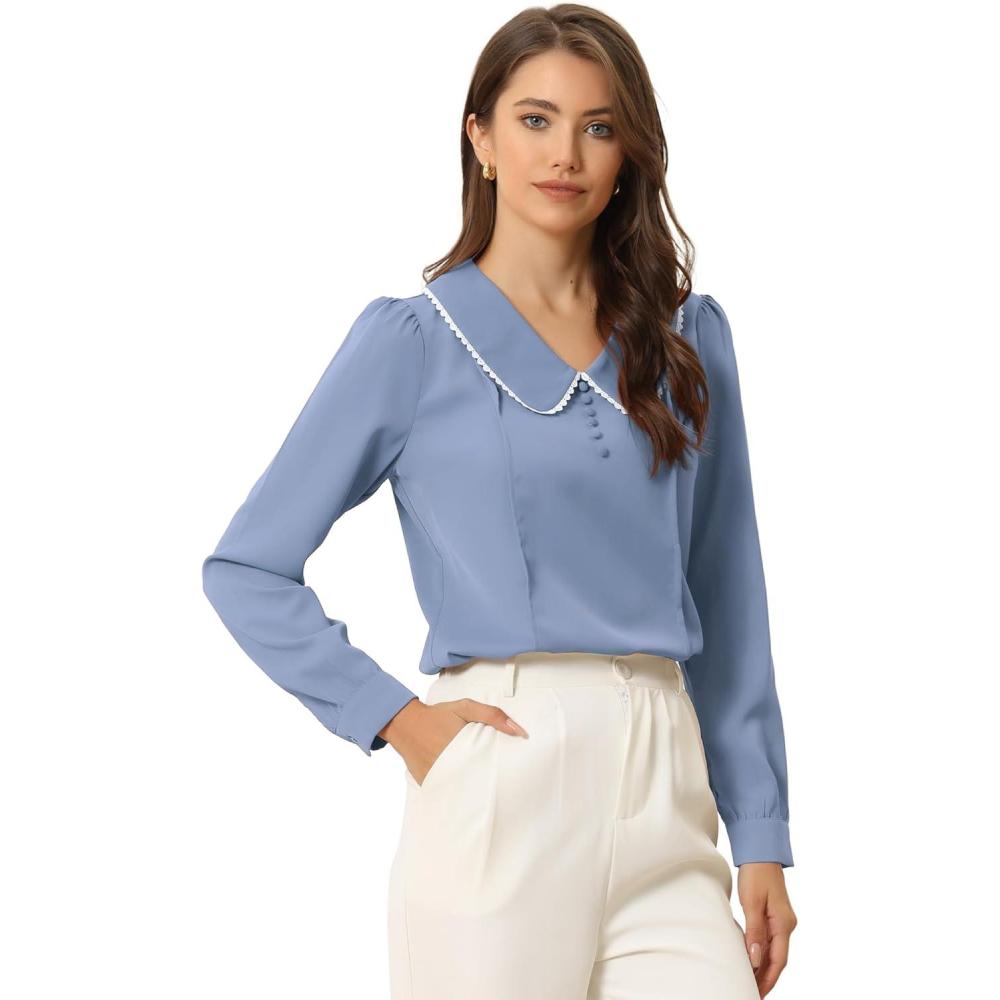 imageAllegra K Womens Vintage Peter Pan Collar Shirt Cute Lacy Trim Long Sleeve BlouseDusty Blue